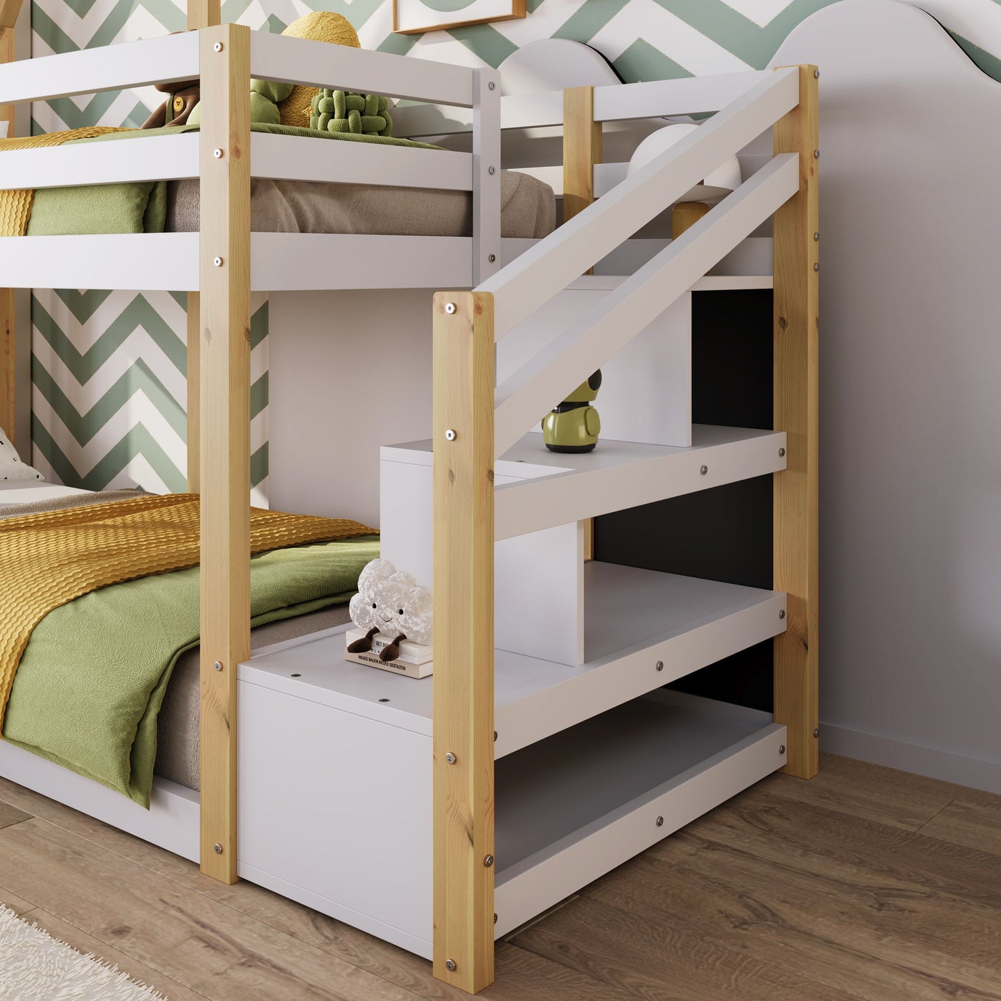 Twin Over Twin House Bunk Bed With White Storage Staircase And 2 Blackboards - White / Natural