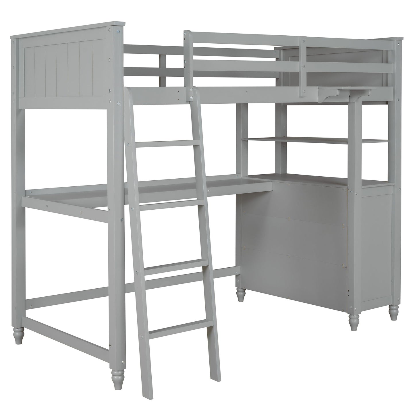 Twin Size Loft Bed With Drawers And Desk, With Shelves - Gray