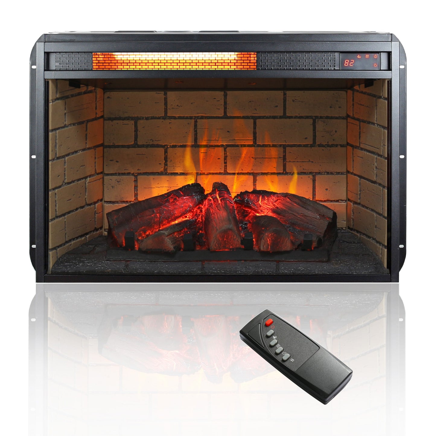 26" Infrared Quartz Heater Fireplace Insert -Woodlog Version With Brick - Antique Black