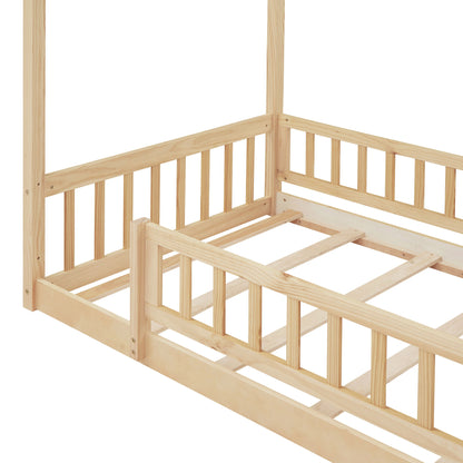 Twin Size Bed House Bed Frame With Fence - Natural