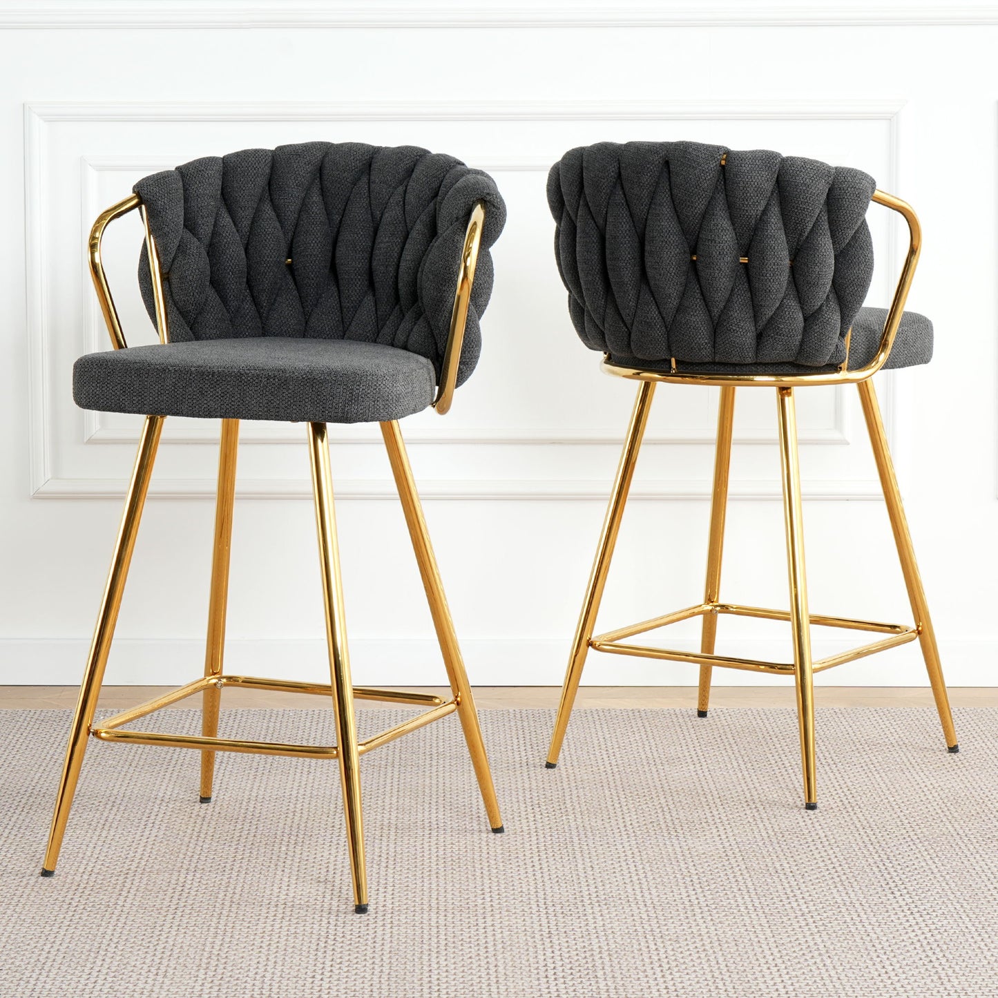 Modern Design High Stool With Gold Plated Legs For Kitchen Dining Linen (Set of 2) - Dark Gray
