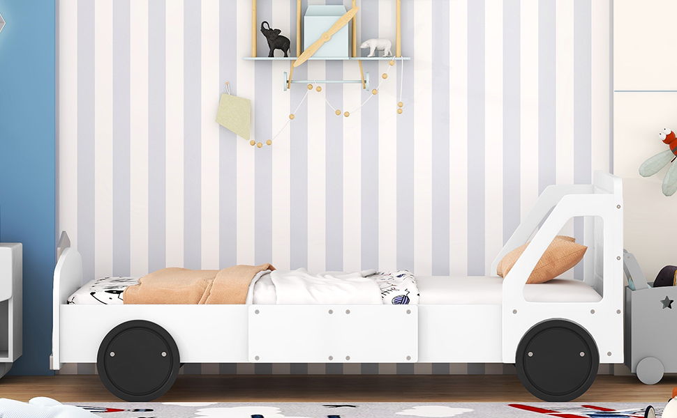 Twin Size Car Shaped Platform Bed With Wheels - White