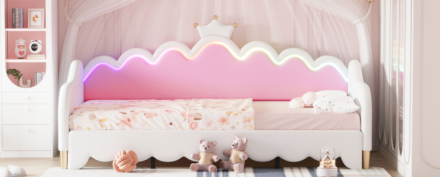 Twin Extending Daybed With LED Lights, Modern Upholstered Princess Daybed With Crown Headboard - White