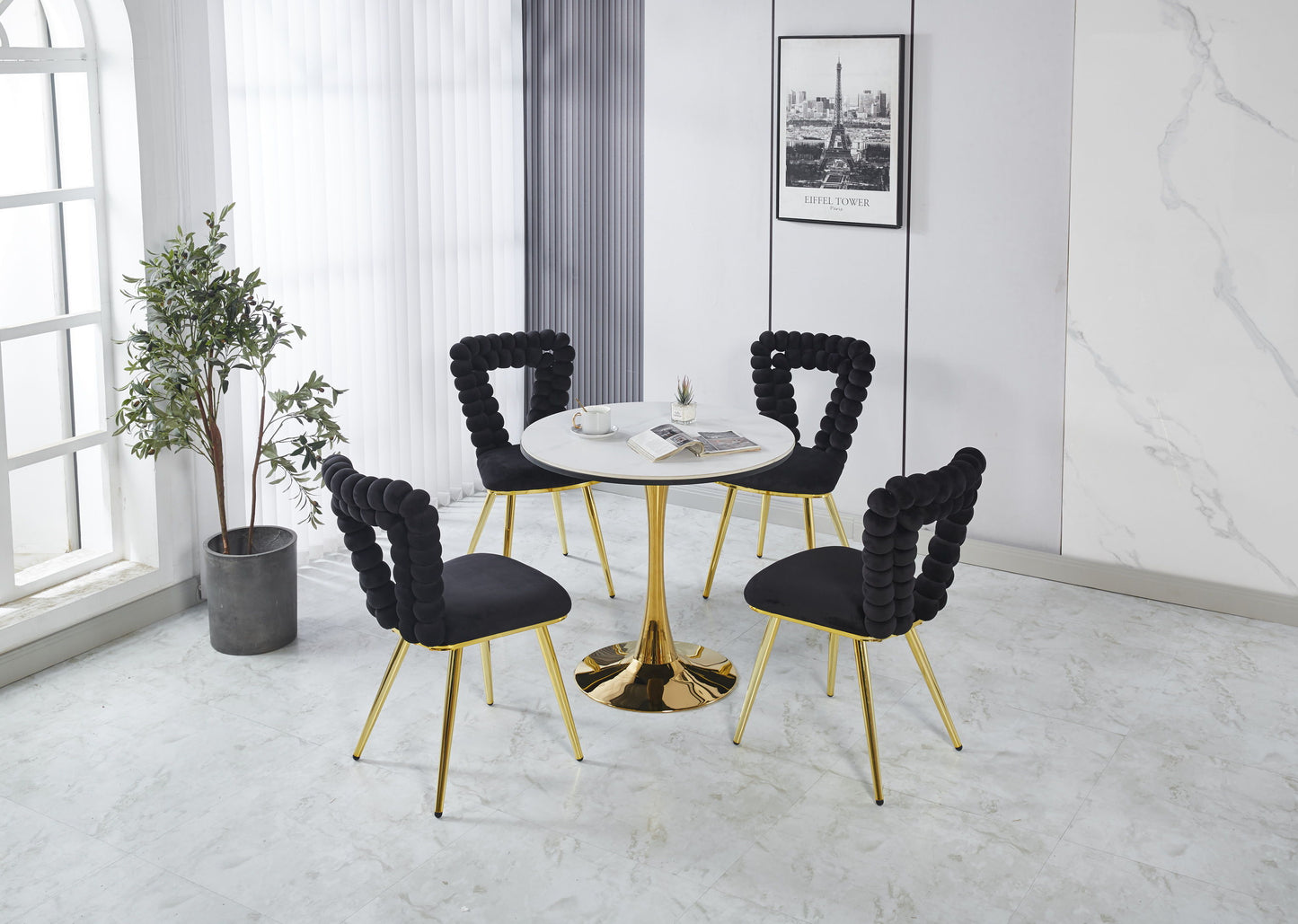 Modern Chair With Golden Iron Tube Legs - Black Soft Cushions And Comfortable Backrest, Suitable For Dining Room, Living Room, Cafe, Hairball Back (Set of 2) - Black