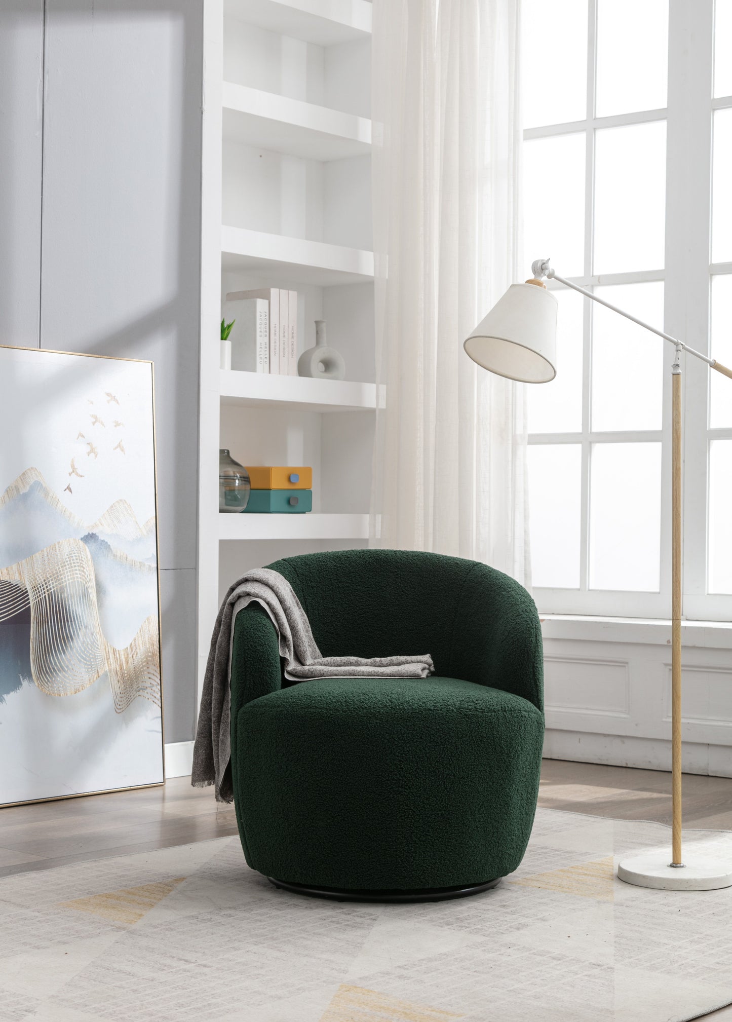 Teddy Fabric Swivel Accent Armchair Barrel Chair With Black Powder Coating Metal Ring - Dark Green