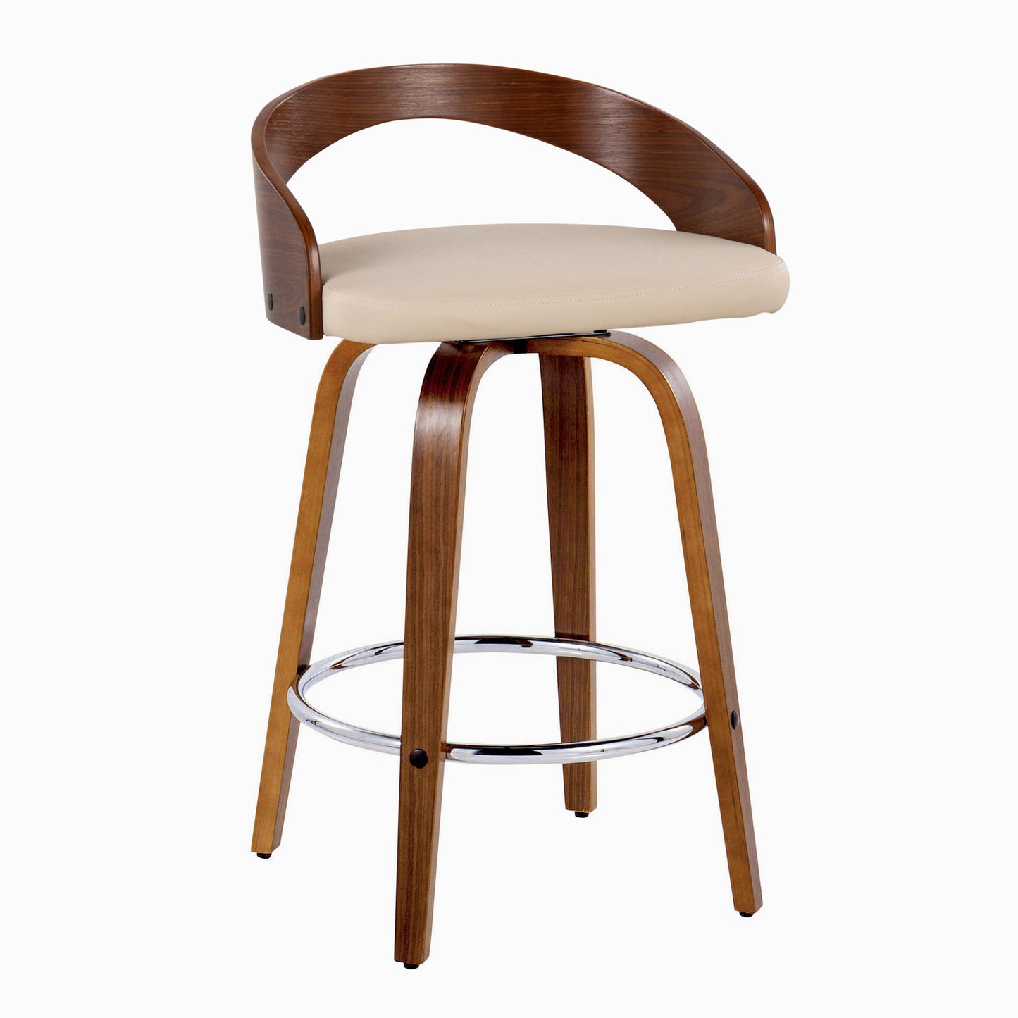 Grotto - Mid-Century Modern Fixed Height Counter Stool With Swivel With Round Footrest (Set of 2) - Walnut / Cream