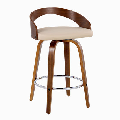 Grotto - Mid-Century Modern Fixed Height Counter Stool With Swivel With Round Footrest (Set of 2) - Walnut / Cream