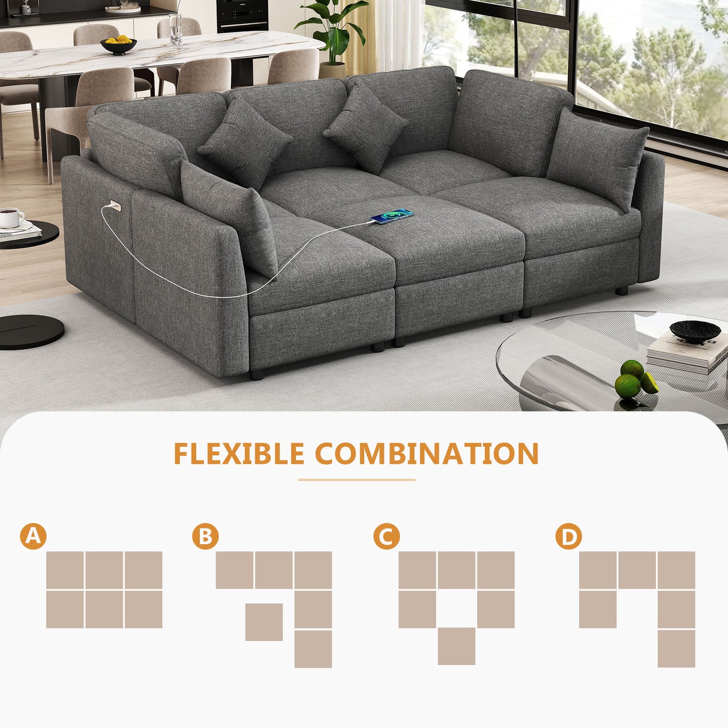 Sectional Sofa Modular Sofa U - Shaped Sofa Couch Sofa Bed L - Shaped Sofa With A Movable Ottoman And Two USB Ports For Living Room - Gray