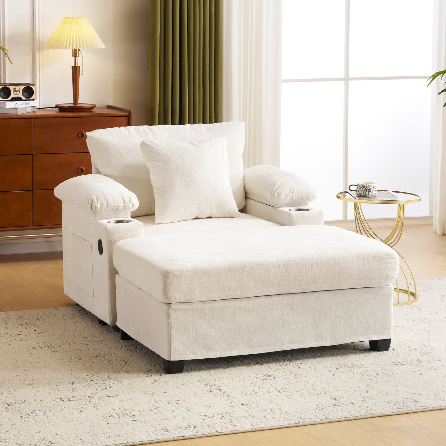 Modern Oversized Chair With Ottoman, Chenille Fabric Sofa Bed, Accent Chair Comfy Sofa With Cupholders And USB Charging Ports Chair For Living Room, Bedroom, Apartment - Beige