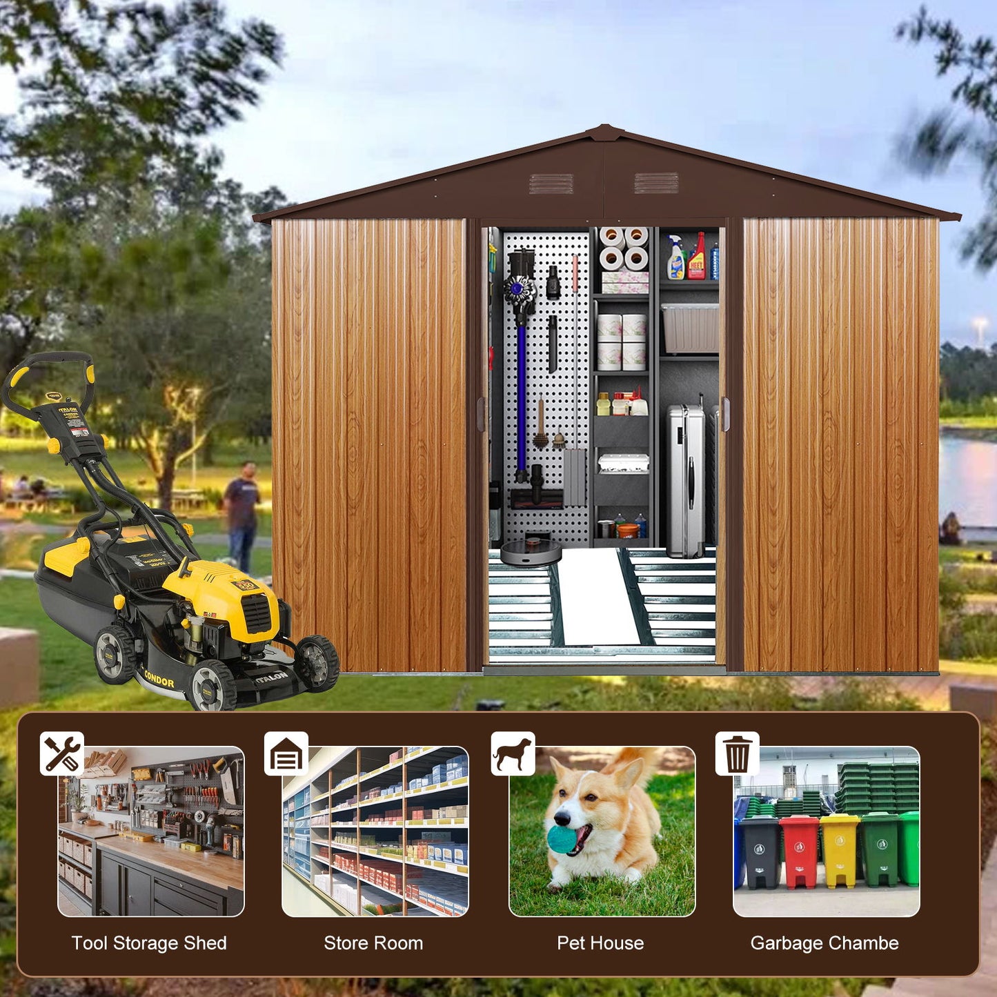 Outdoor Metal Storage Shed With Metal Floor Base - Coffee