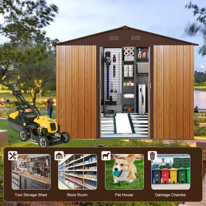 Outdoor Metal Storage Shed With Metal Floor Base - Coffee