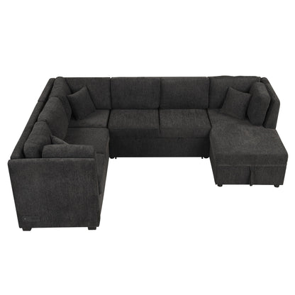 U-Shaped Sectional Sofa Pull Out Sofa Bed With Two USB Ports, Two Power Sockets, Three Back Pillows And A Storage Chaise For Living Room - Black