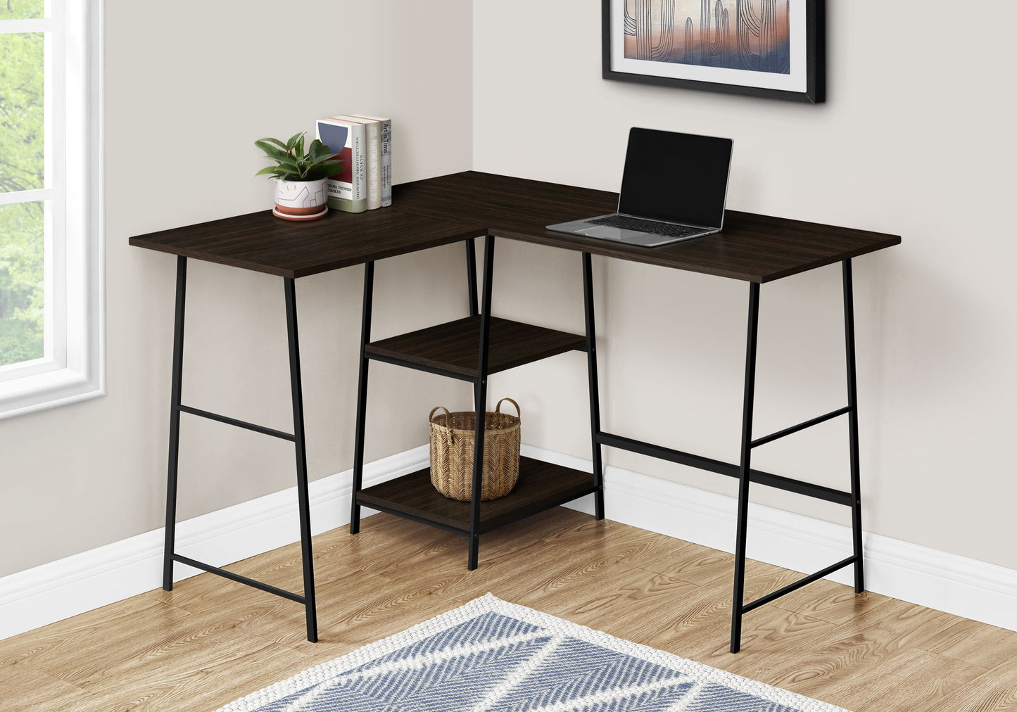 Computer Desk, Home Office, Corner, Storage Shelves, L-Shape, Work, Laptop, Contemporary, Modern - Espresso