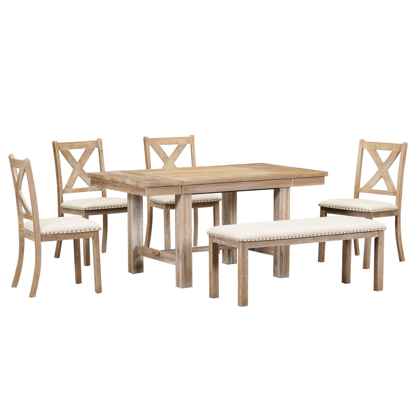Topmax - 6 Piece Farmhouse Extendable Dining Table With Footrest, 4 Upholstered Dining Chairs And Dining Bench, Two 11" Removable Leaf - Natural / Beige