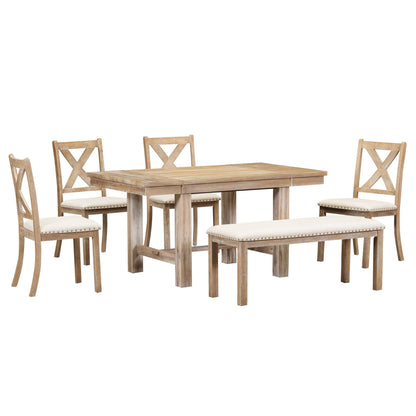 Topmax - 6 Piece Farmhouse Extendable Dining Table With Footrest, 4 Upholstered Dining Chairs And Dining Bench, Two 11" Removable Leaf - Natural / Beige
