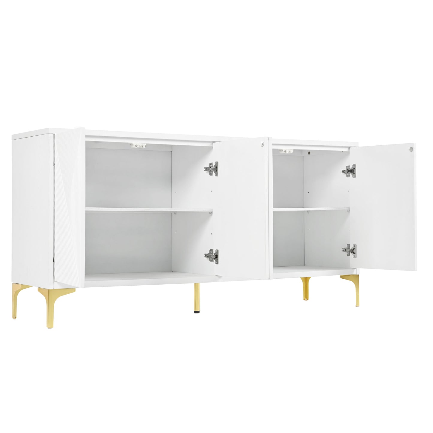 Modern Wood Sideboard Cabinet With Carved Door Panels, Adjustable Shelves, And Sturdy Metal Legs - White