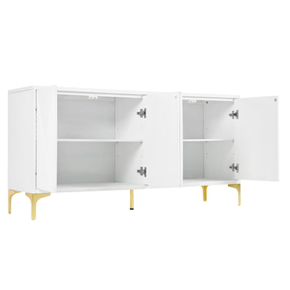 Modern Wood Sideboard Cabinet With Carved Door Panels, Adjustable Shelves, And Sturdy Metal Legs - White
