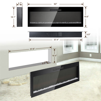 60" Electric Fireplace, Recessed And Wall Mounted Fireplace - Antique Black