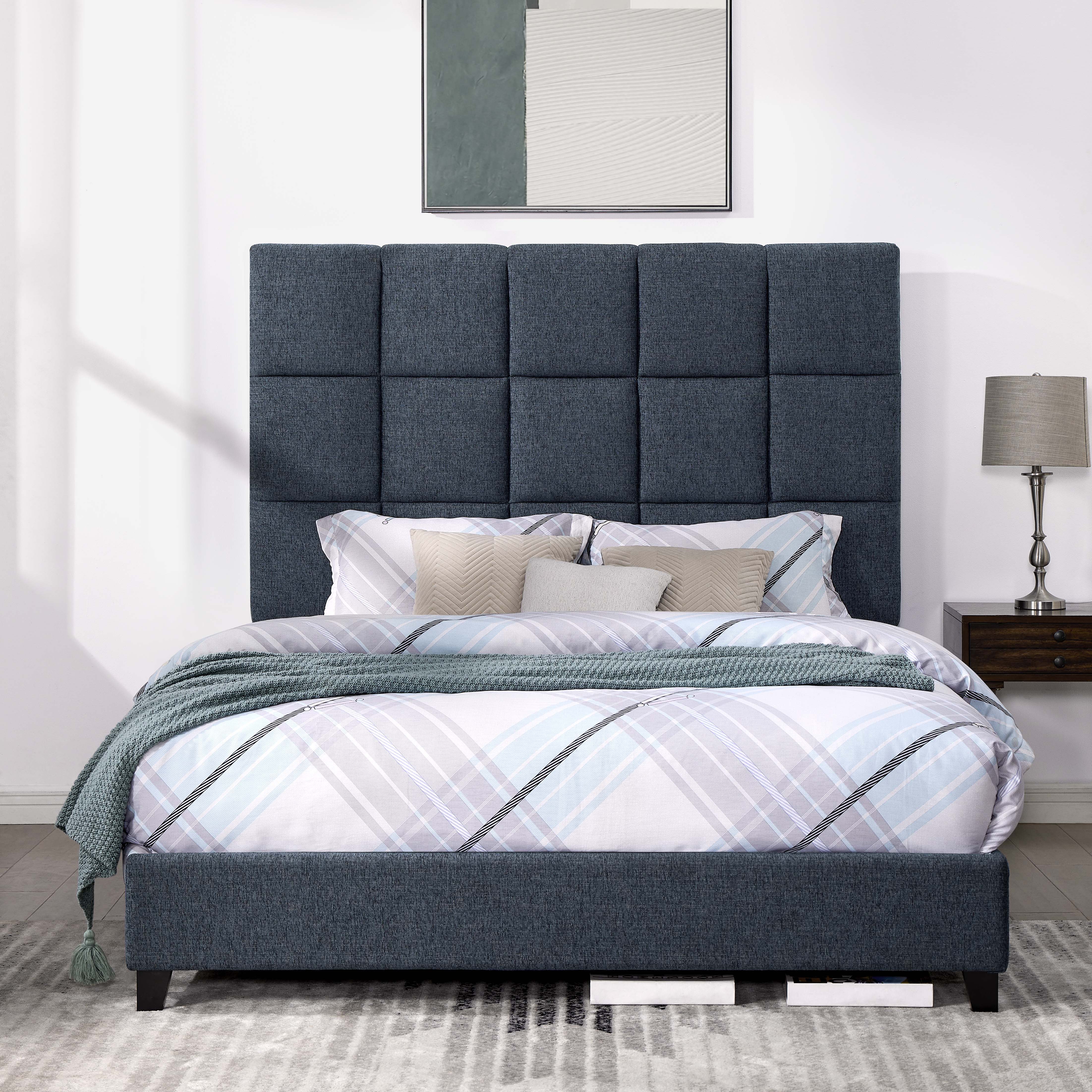 Queen Size Squares Upholstered Platform Bed - Navy Blue Denim