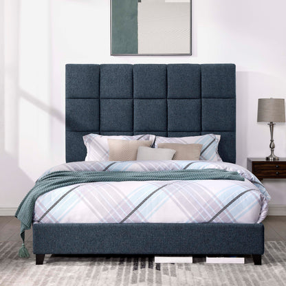 Queen Size Squares Upholstered Platform Bed - Navy Blue Denim