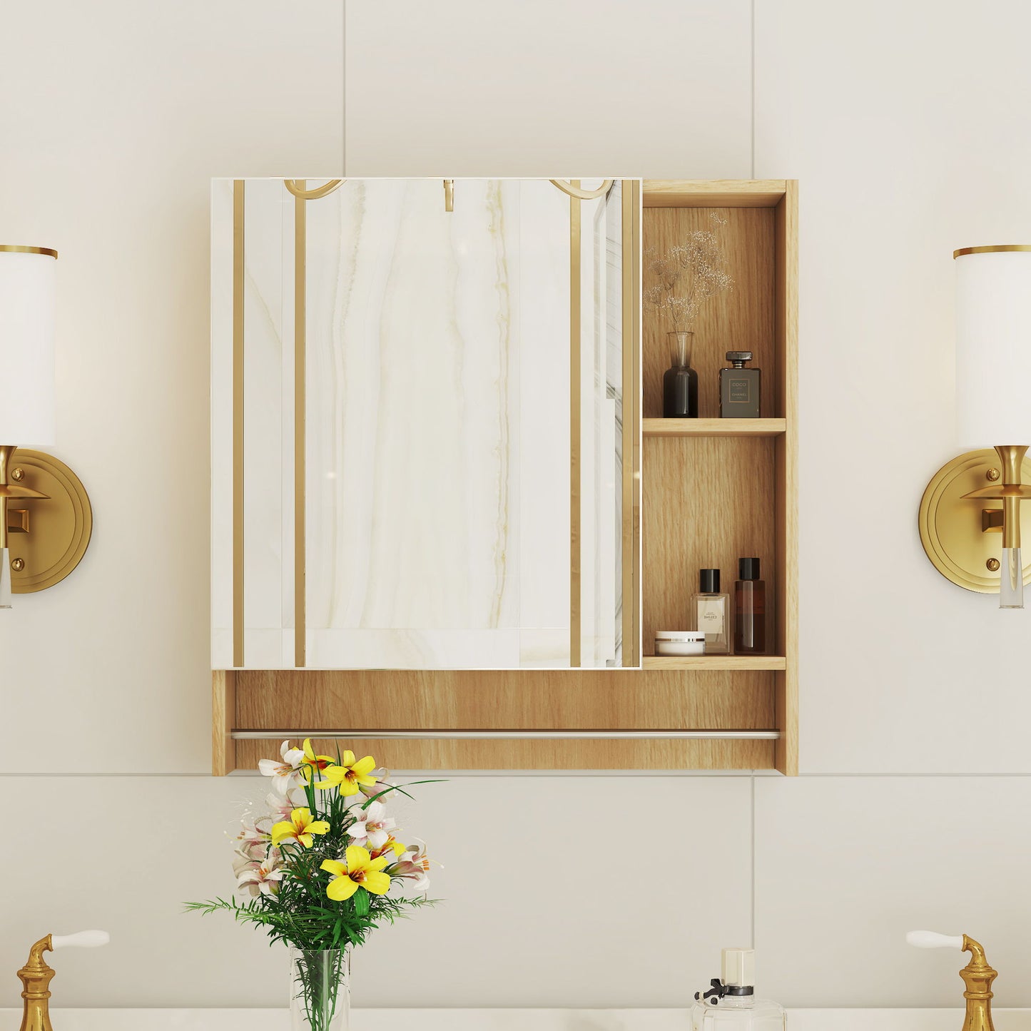 Bathroom Mirror Cabinet Wall Mounted, Medicine Cabinet, Over The Toilet Storage Cabinet With Shelves And Towel Rack - Burly Wood