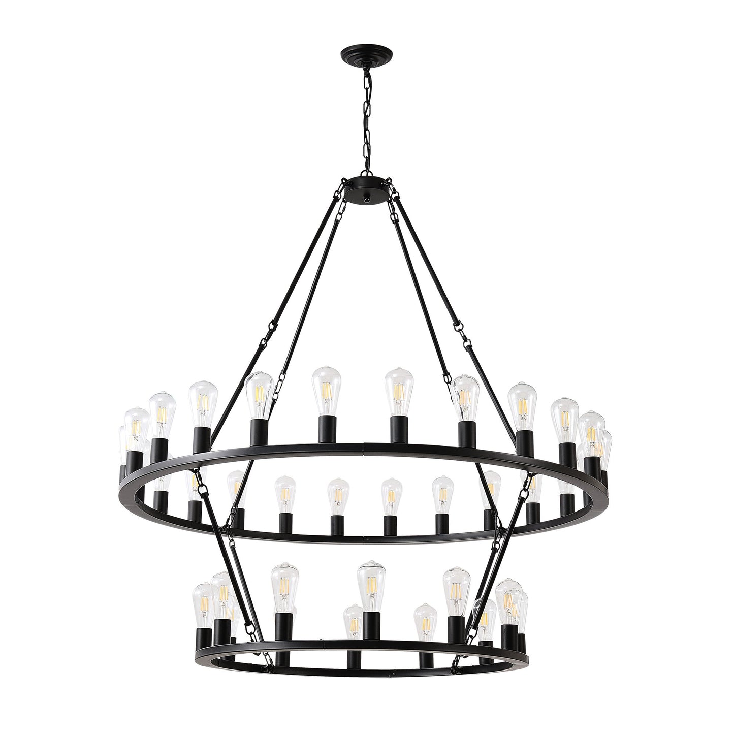 Extra Large Wagon Wheel Chandelier, 2 Tier 36 Lights (No Include) Farmhouse Industrial Round High Ceiling Pendant Light Adjustable Chain, For Dining Room, Living Room, Kitchen - Black