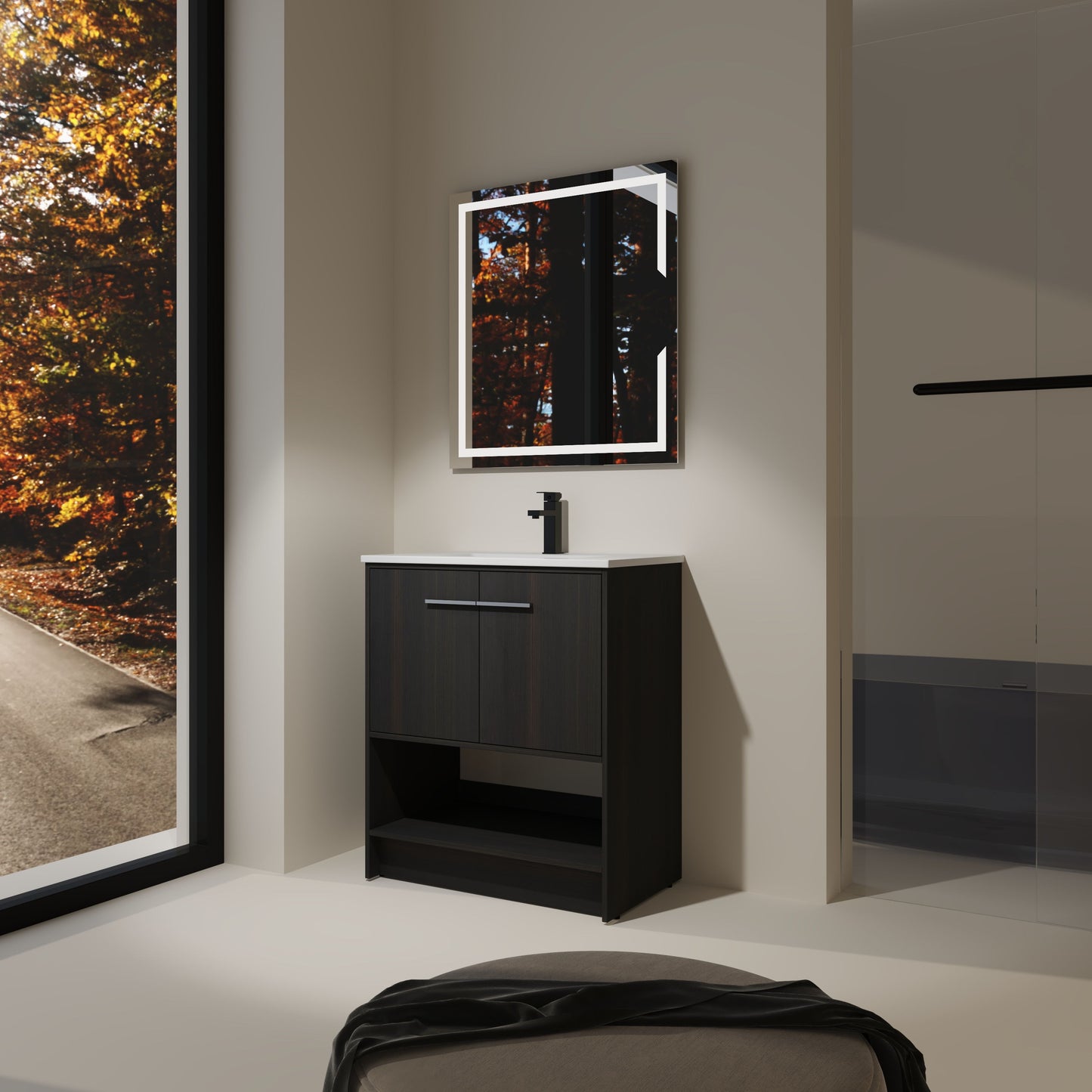 Modern Freestanding 30" Bathroom Vanity With Ceramic Sink, Soft Closing Doors Cabinet - Dark Oak
