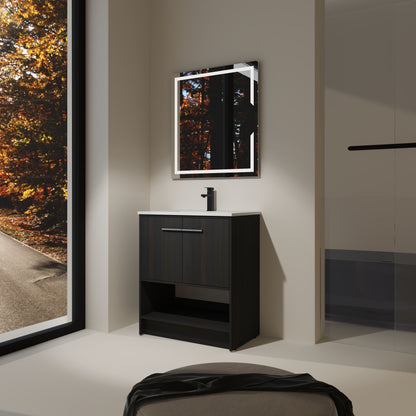 Modern Freestanding 30" Bathroom Vanity With Ceramic Sink, Soft Closing Doors Cabinet - Dark Oak