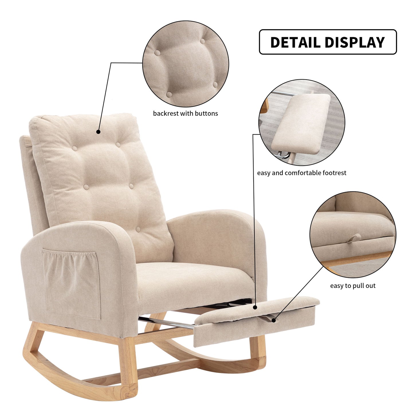 Accent Rocking Chair With Footrest High Back Rubber Wood Rocking Legs Bedroom Living Space - Beige