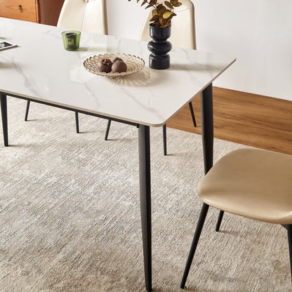 Mid Century Modern Dining Table Round White Sintered Stone Top Heavy Duty Metal Legs Waterproof Surface For Kitchen Dining Room Or Office Furniture - White / Black