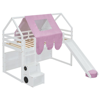 Twin Size Charming House Shaped Loft Bed With Tent And Slide - White / Pink
