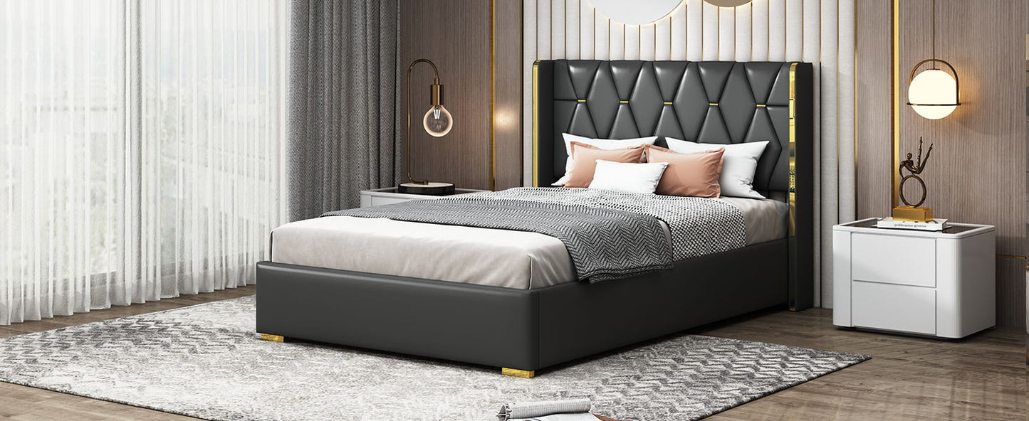 Full Size Upholstered Platform Bed With Strips - Black