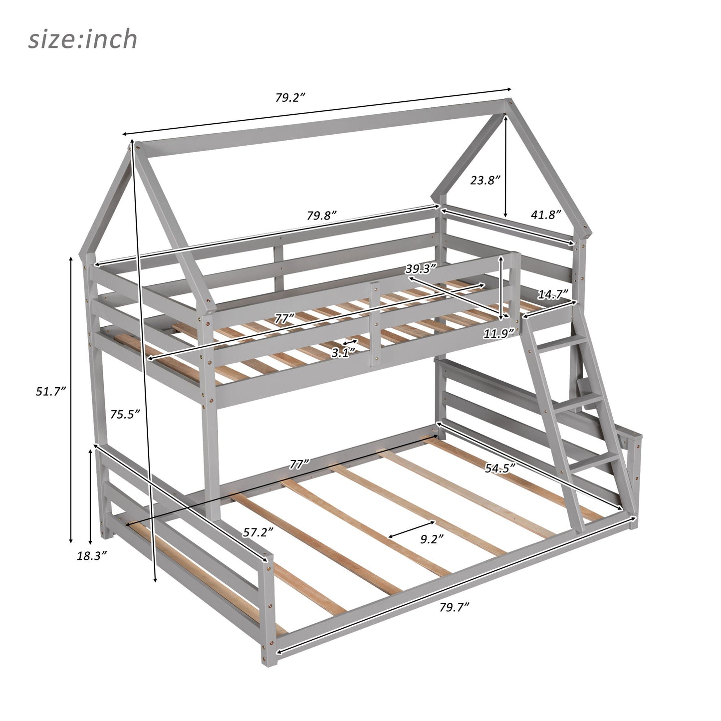 Twin Over Full House Bunk Bed With Built-In Ladder - Gray