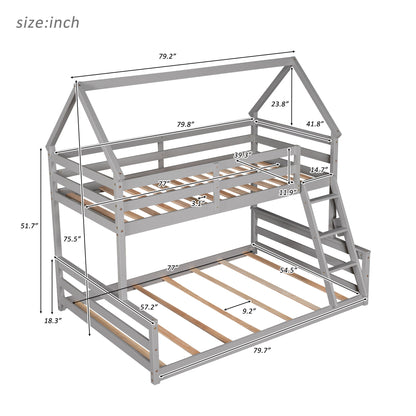 Twin Over Full House Bunk Bed With Built-In Ladder - Gray