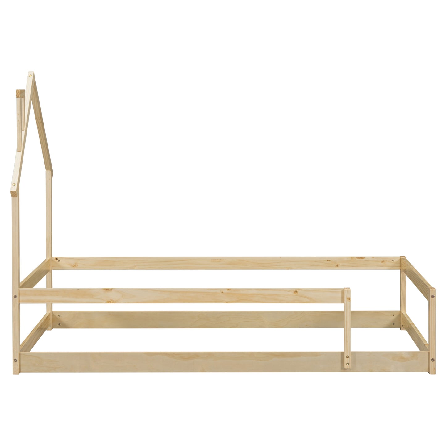 Twin Size Wood Bed With House Shaped Headboard Floor Bed With Fences - Natural