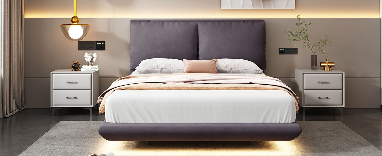 Full Size Upholstered Platform Bed With Sensor Light And 2 Large Backrests, Stylish Platform Bed With 2 Sets Of USB Port And Socket On Each Rear Bed Leg - Gray