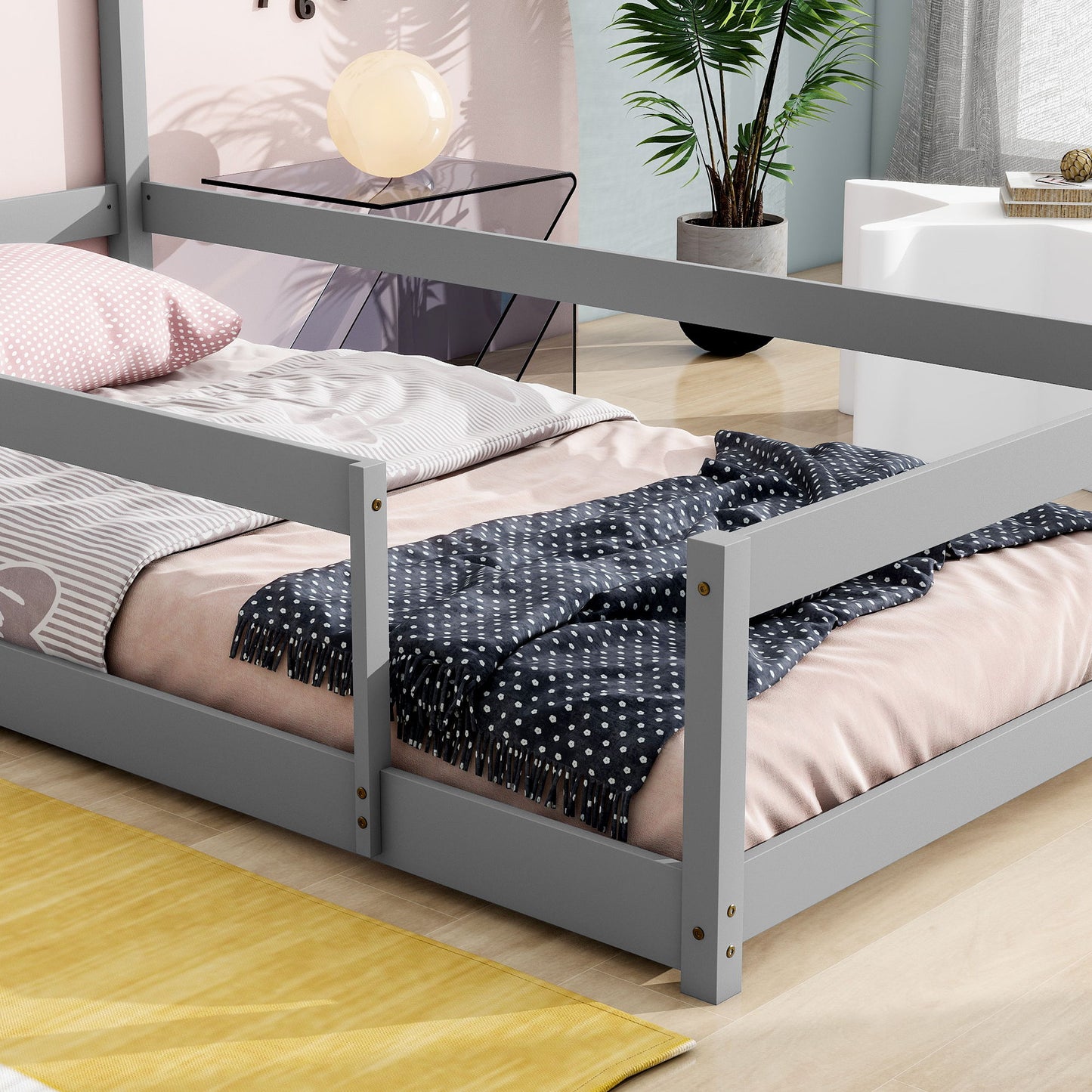 Twin Size Wood Bed With House-Shaped Headboard Floor Bed With Fences - Gray