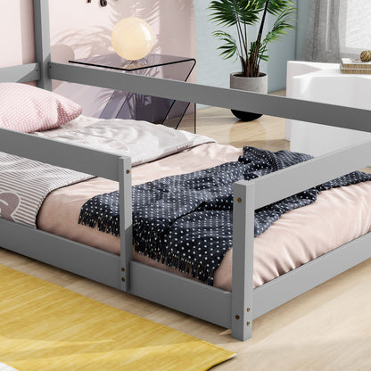 Twin Size Wood Bed With House-Shaped Headboard Floor Bed With Fences - Gray