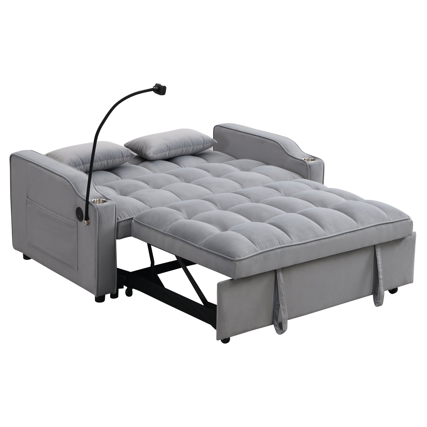 Modern Velvet Loveseat Futon Sofa Couch With Pullout Bed, Adjustable Backrest, Toss Pillows - Light Gray