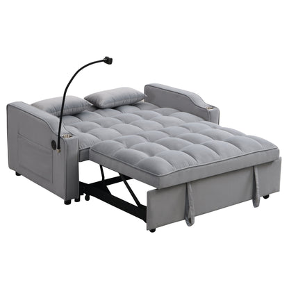 Modern Velvet Loveseat Futon Sofa Couch With Pullout Bed, Adjustable Backrest, Toss Pillows - Light Gray