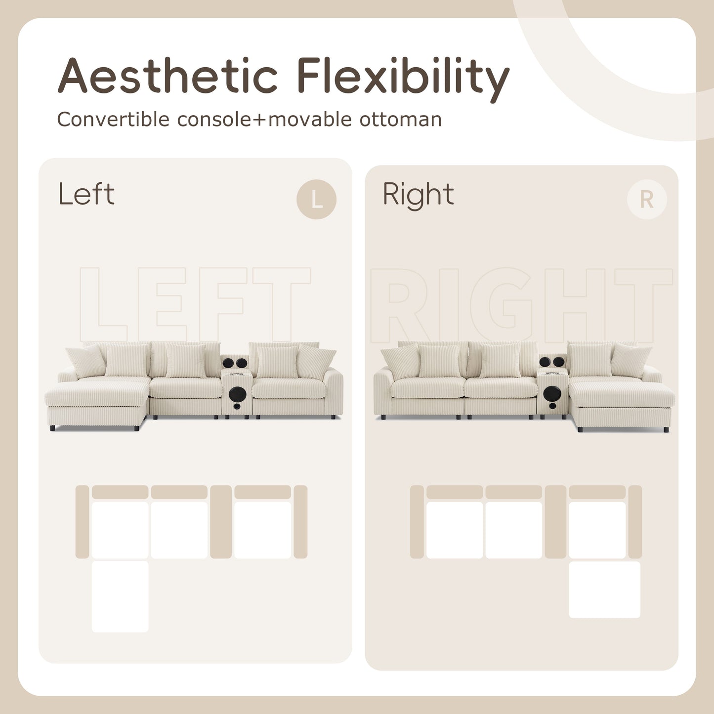 Sectional With Bluetooth Speakers L Shaped Couch With Console USB Charger, Cup Holders Storage Ottoman Deep And Wide Seat Cloud Sofa - Cream