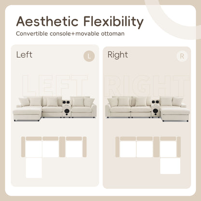 Sectional With Bluetooth Speakers L Shaped Couch With Console USB Charger, Cup Holders Storage Ottoman Deep And Wide Seat Cloud Sofa - Cream