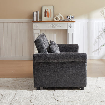 3 In 1 Loveseat Sofa Bed Chenille Fabric Pull Out Couch Sleeper Full Back Frame, Seat Frame, Armrests & 2 Pillows - Dark Gray