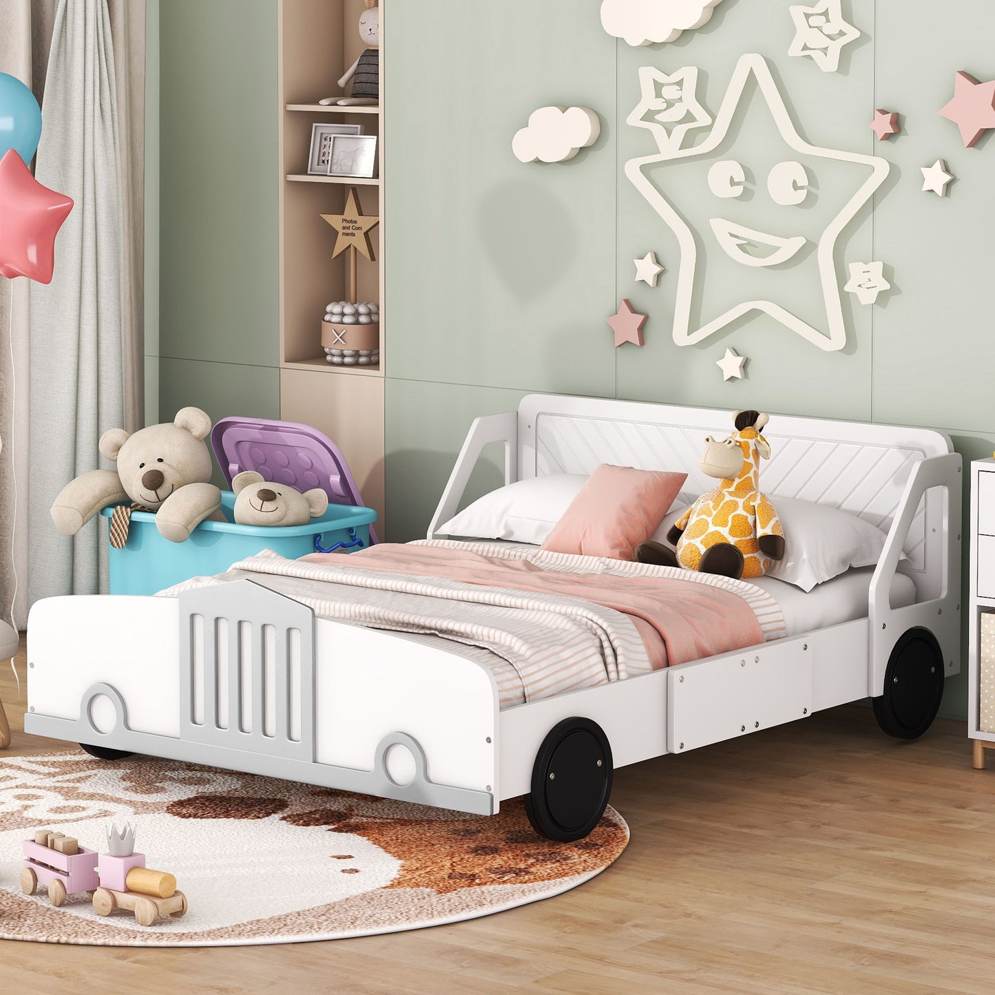 Full Size Car Shaped Platform Bed With Wheels - White
