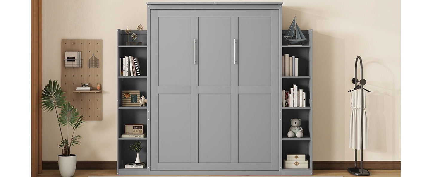 Queen Size Murphy Wall Bed With Shelves And LED Lights - Gray
