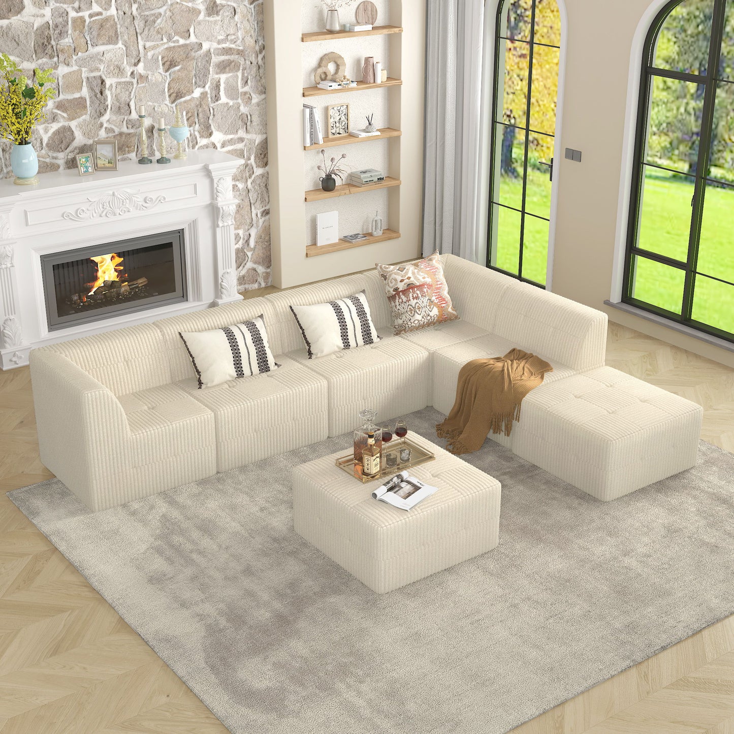 Modern Minimalist Sectional Sofa Sleeper Corduroy Couch Comfy Space Efficient Design - White