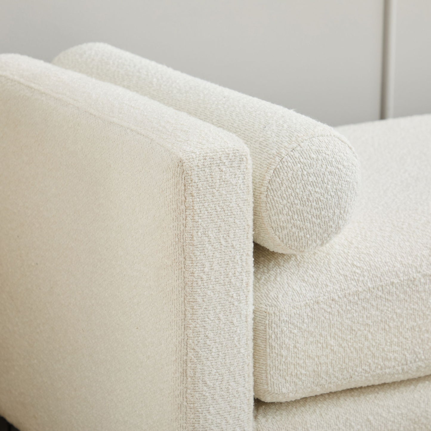 Elegant Upholstered Bench Daybed Ottoman With Nature Wood Legs & Bolster Pillows - Ivory Boucle