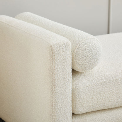 Elegant Upholstered Bench Daybed Ottoman With Nature Wood Legs & Bolster Pillows - Ivory Boucle
