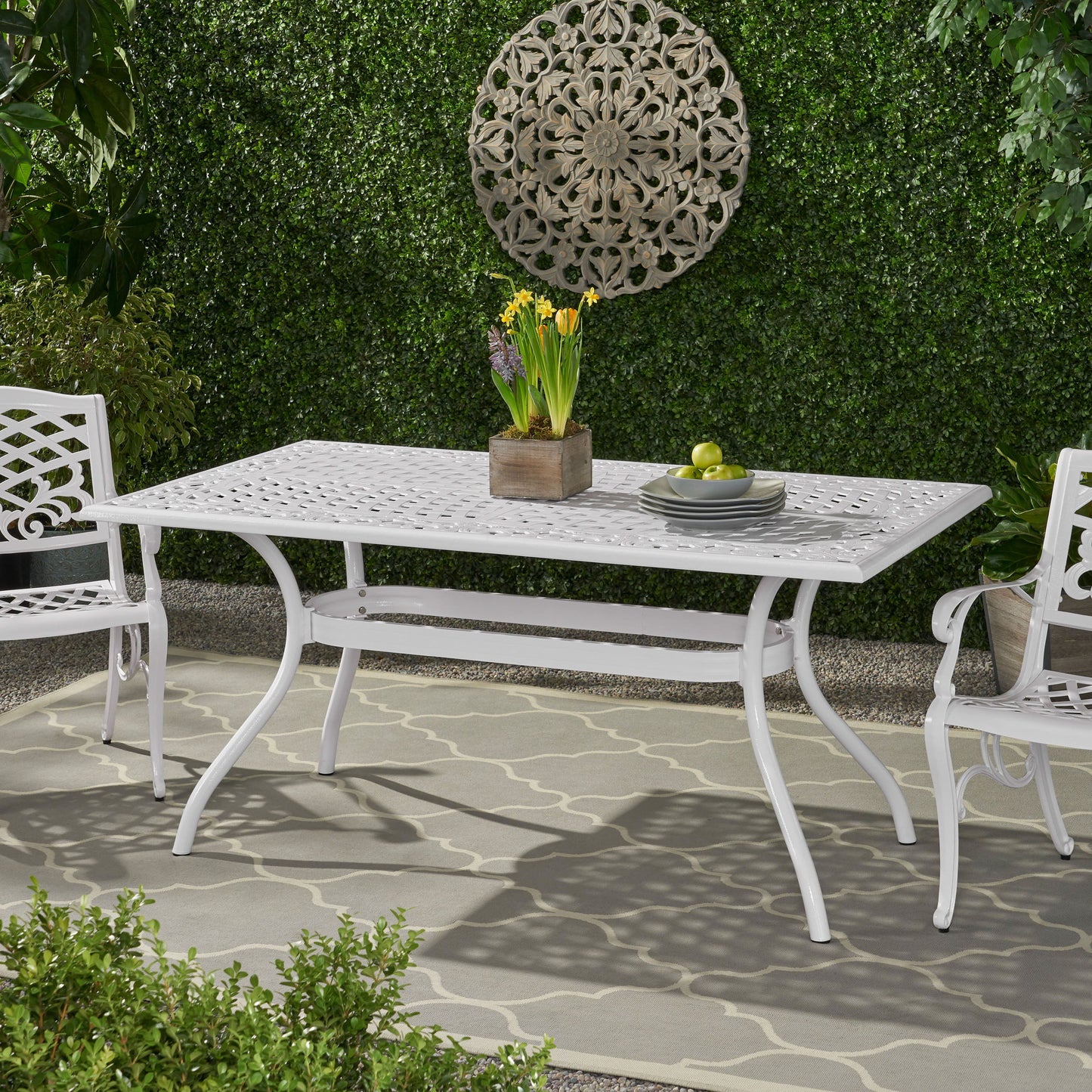 Celestine - Outdoor Cast Aluminum Dining Table With Floral Lattice Design And Umbrella Holder - White