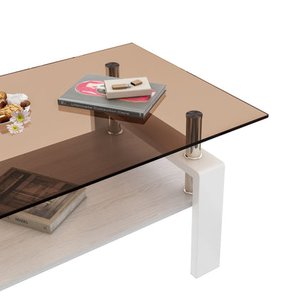 Modern Rectangular Coffee Table With Tempered Glass Top Layer, Table For Living Room - Brown / White